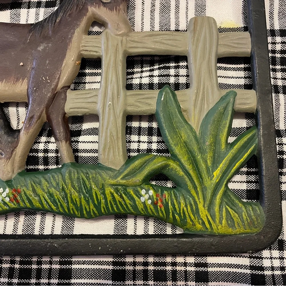 Vintage Large Hand Panted Cast Iron Horse Foal Fenced Pasture Trivet Hot Plate